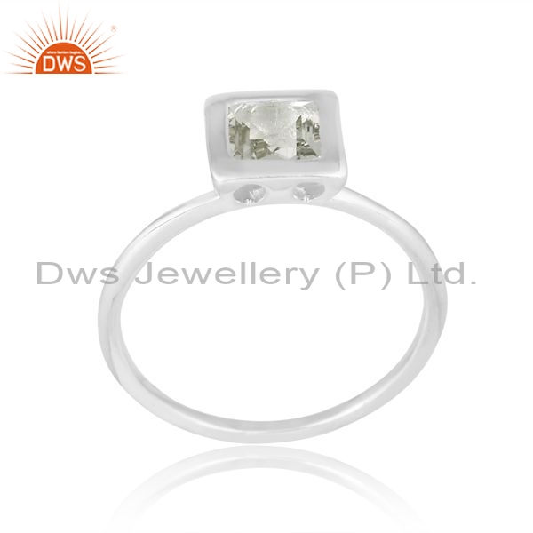 Silver White Ring With Green Amethyst Square Cut Stone