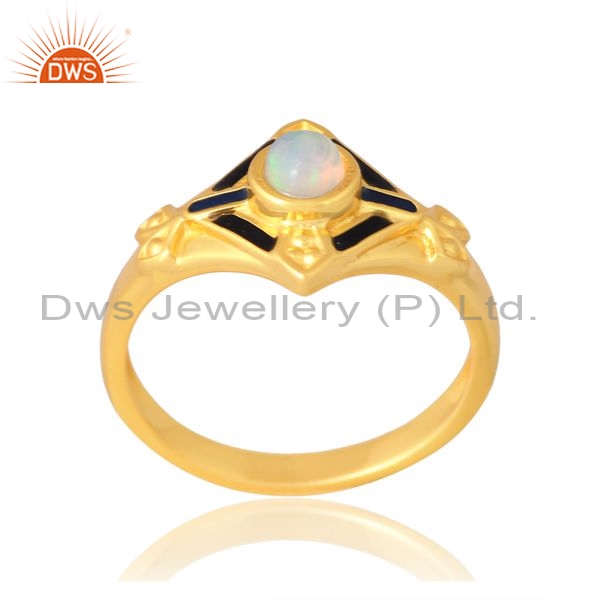 Sterling Silver Gold Ring With Ethiopian Opal Round Cut