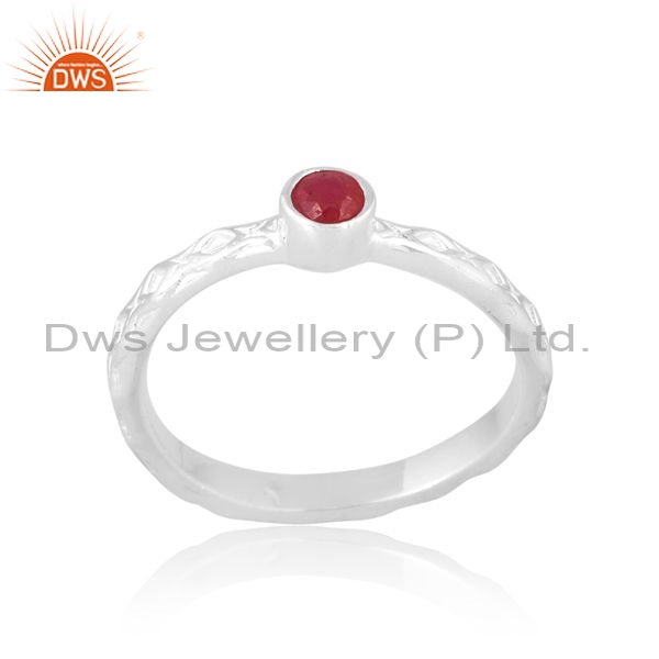 Sterling Silver White Ring With Round Cut Ruby Stone