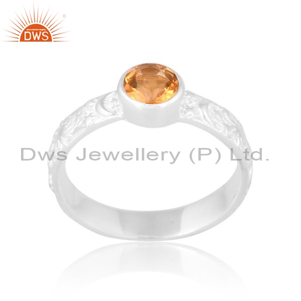 Sterling Silver White Ring With Round Cut Citrine Stone