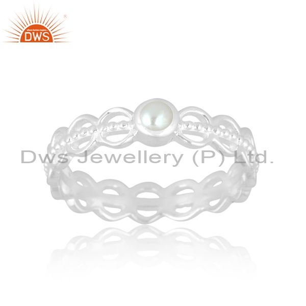 Plain 925 Silver Loop Line Ring With Pearl Cabushion Stone