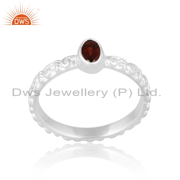 Sterling Silver White Ring With Oval Garnet Cut Stone