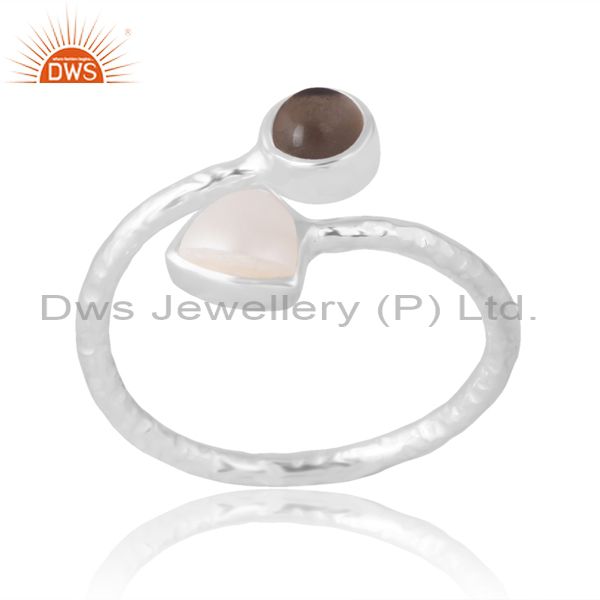 Adjustable Silver Ring With Pearl And Smoky Stone For All