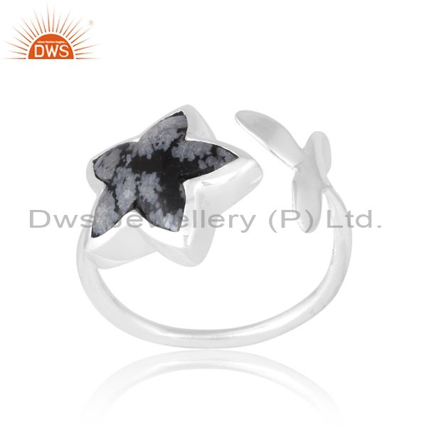 Women's Adjustable Snowflake Obsidian Moonflower Silver Ring