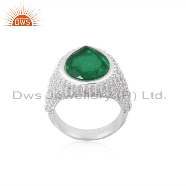 Exquisite Silver Ring with CZ & Doublet Zambian Emerald Quartz