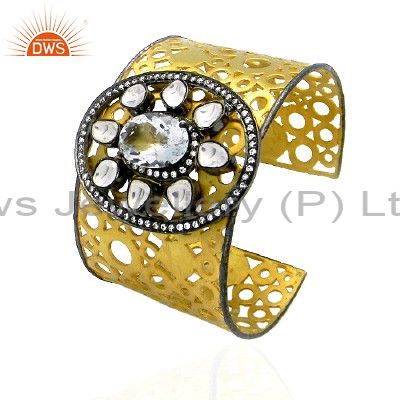 18k yellow gold plated sterling silver crystal quartz and cz wide cuff bracelet