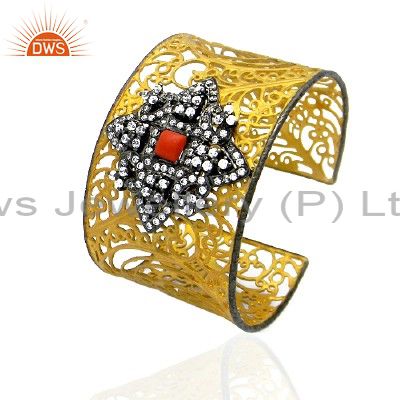 18k gold plated sterling silver red coral and cz designer wide cuff bracelet