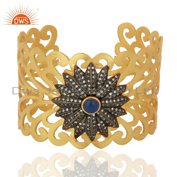18k yellow gold plated brass filigree designer wide cuff bracelet with cz