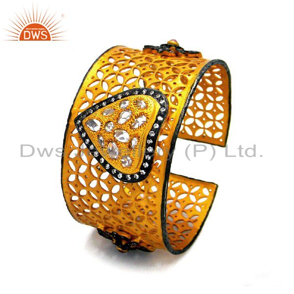 18k yellow gold plated silver cubic zirconia filigree wide cuff bracelet bangle