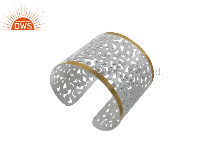 Designer sterling silver filigree design wide cuff bracelet with cz