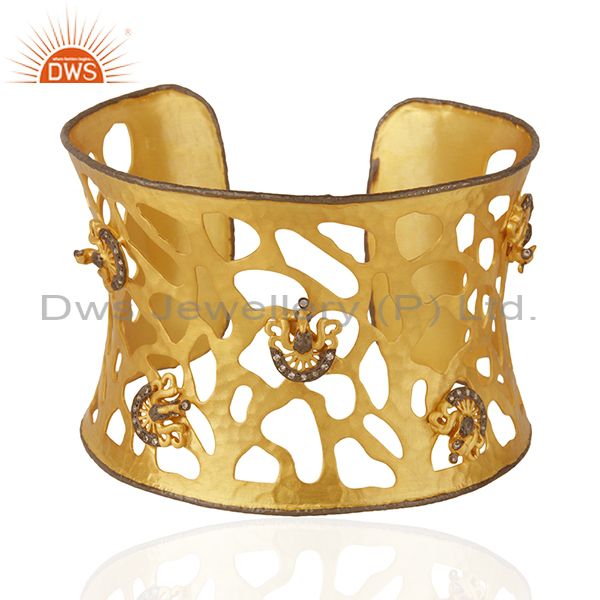 22k yellow gold plated filigree peacock design cz wide cuff bracelet jewelry