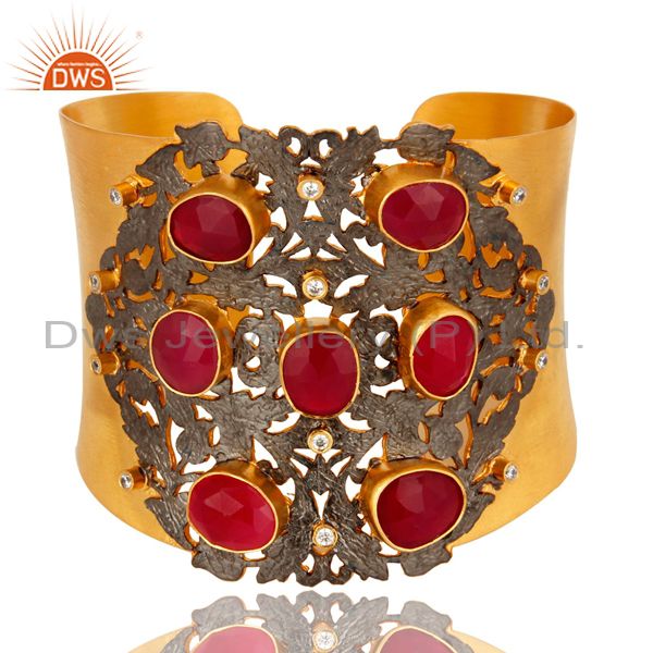 Designer peach moonstone and white cz wide cuff with yellow gold plated