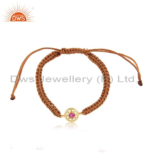 Floral designer brown cord bracelet in gold on silver and red cz