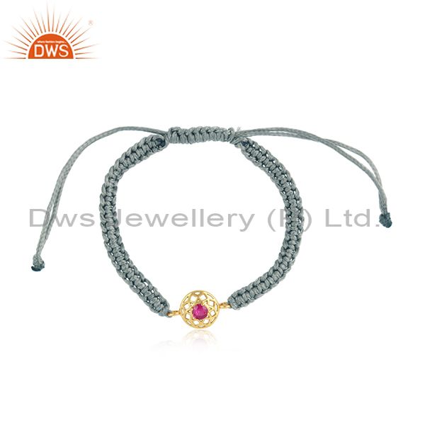 Floral designer gray cord gold on silver bracelet in red cz