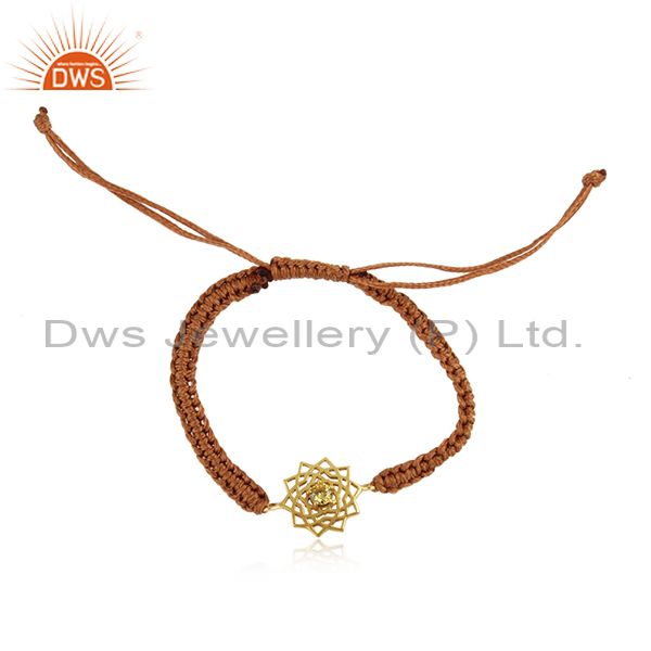 Designer chakra gold on silver brown cord bracelet with citrine cz