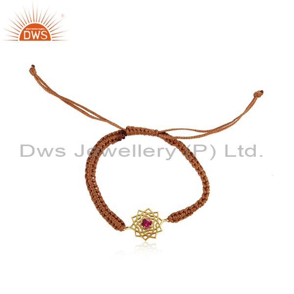 Handmade energy chakra gold on silver brown cord red cz bracelet