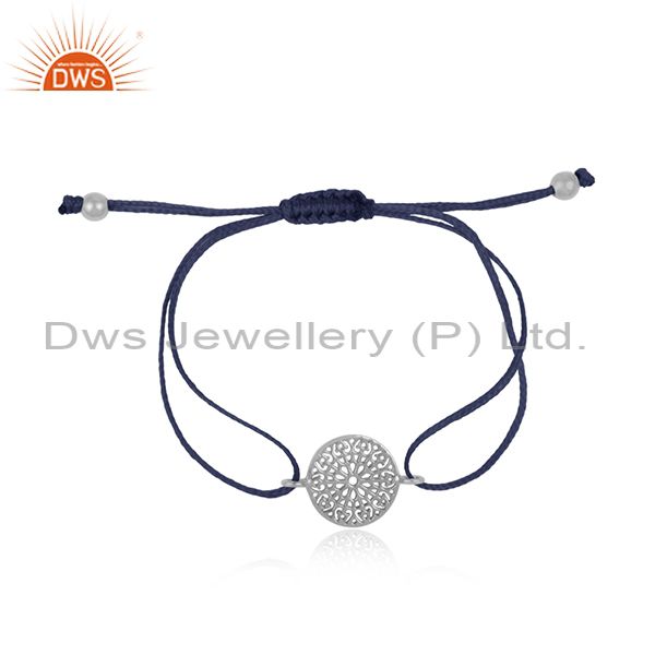 Mandala design white rhodium on silver 925 blue cord bracelet