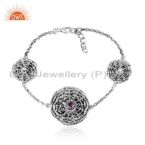 Amethyst Set Woven Charms Oxidized Silver Chain Bracelet