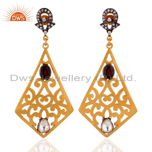 Indian Artisan Crafted 24k Gold Plated 925 Silver Filigree Garnet Zircon Earring