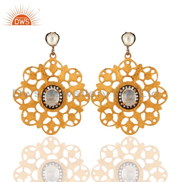 Handmade Designer Sterling Silver Crystal Polki & CZ Earring With Gold Plated