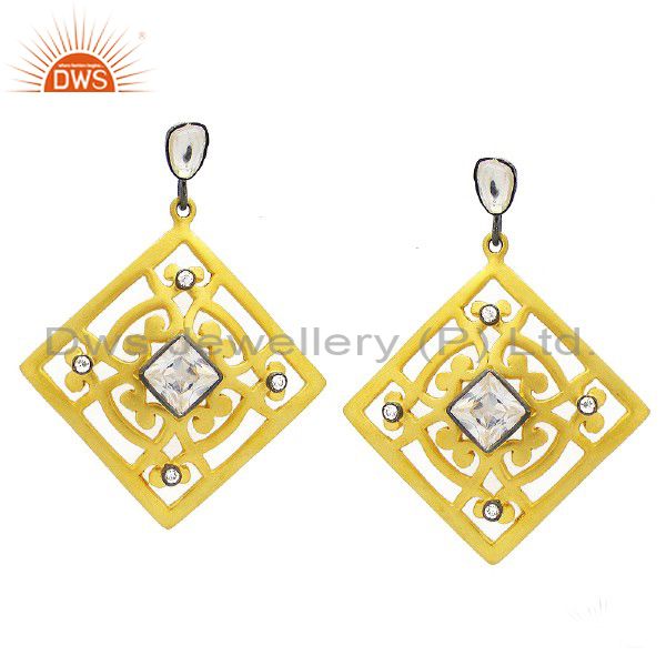18K Yellow Gold Plated Sterling Silver Crystal Quartz Designer Dangle Earrings
