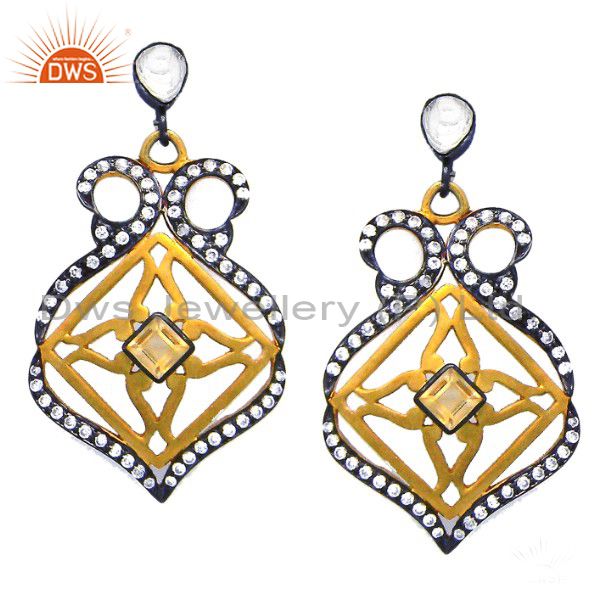 18K Gold Plated Sterling Silver Crystal CZ And Citrine Designer Dangle Earrings