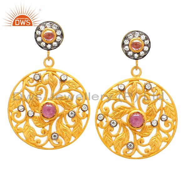 18K Gold Plated Sterling Silver Pink Tourmaline And CZ Floral Designer Earrings