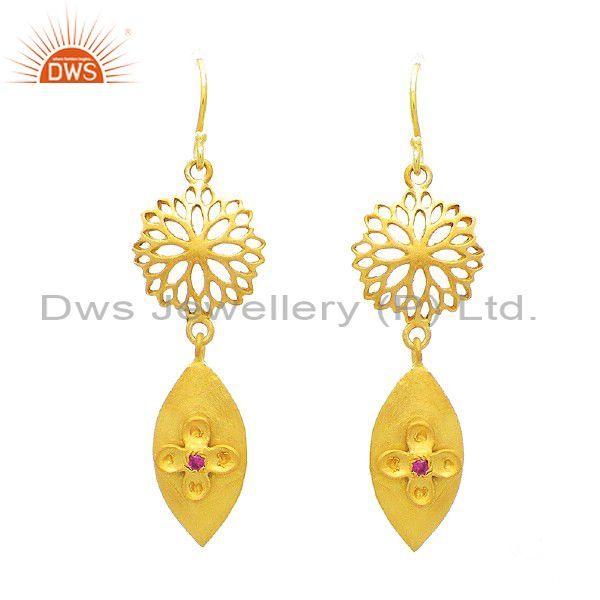 18K Gold Plated Sterling Silver Red Cubic Zirconia Filigree Design Earrings