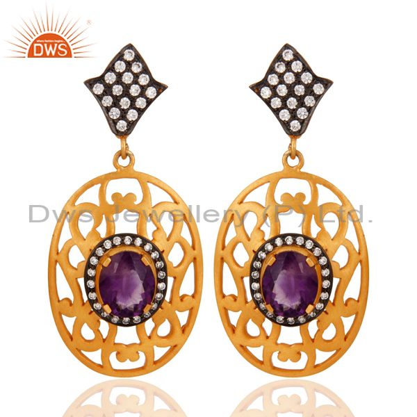 Handmade 925 Sterling Silver Amethyst Gemstone & CZ Earring With Gold Plated