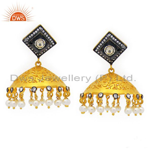 22K Yellow Gold Plated Sterling Silver CZ And Pearl Designer Jhumka Earrings