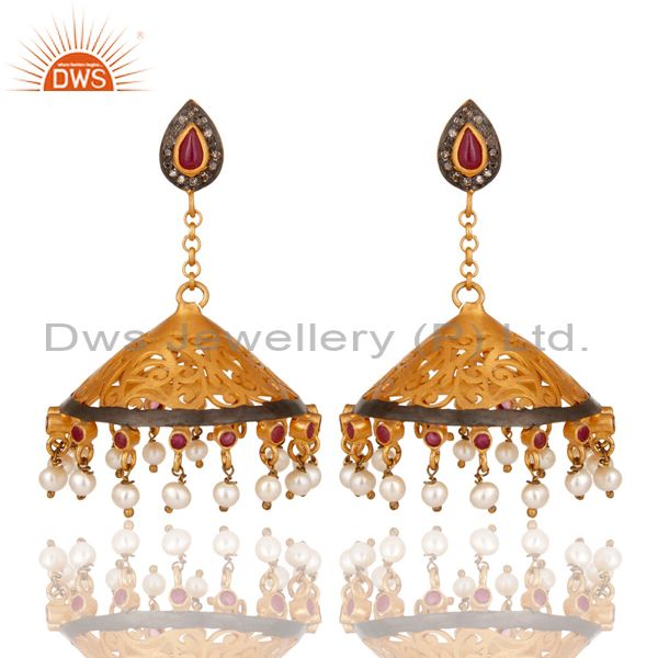 18K Gold Plated Sterling Silver Diamond, Pearl and Ruby Ethnic Jhumka Earrings