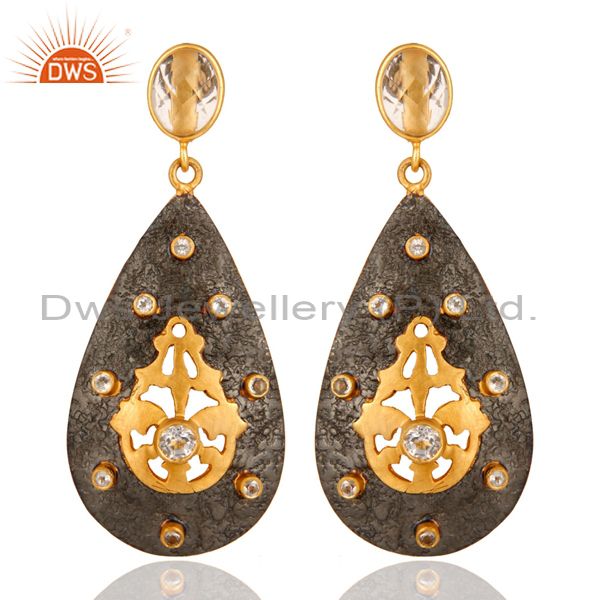 Gold Plated 925 Sterling Silver Designer Earrings With Crystal Quartz & CZ