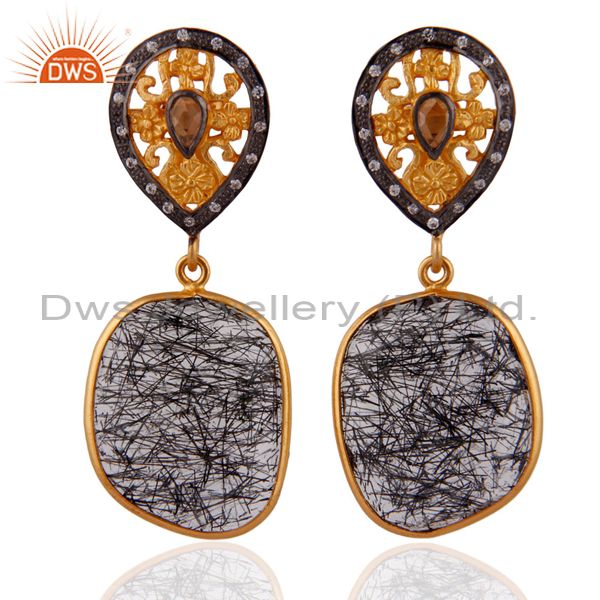 18 K Gold Plated Sterling Silver Tourmalinated Quartz & White Zircon Earrings
