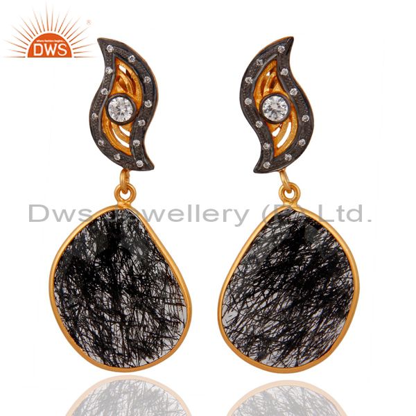 Black Rutilated Quartz Gemstone 18k Gold Over Sterling Silver CZ Dangle Earrings