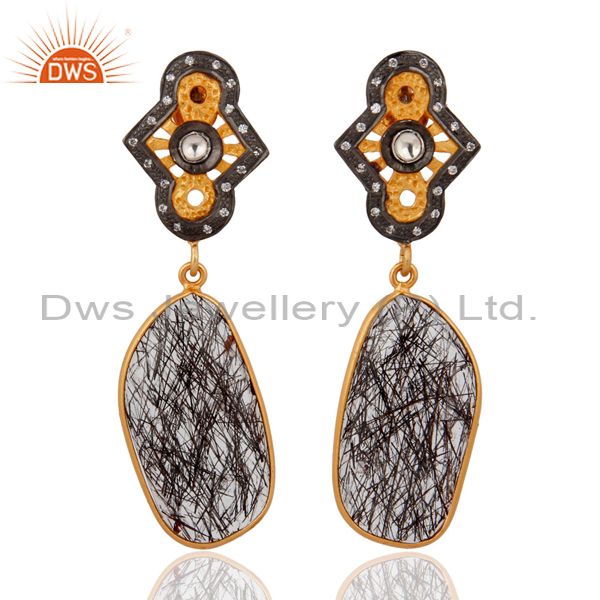 925 Sterling Silver Silver Natural Tourmalated Quartz Earrings With Gold Plated