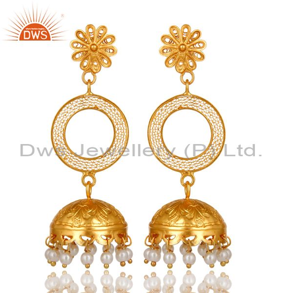 22K Yellow Gold Plated Sterling Silver Natural Pearl Designer Jhumka Earrings