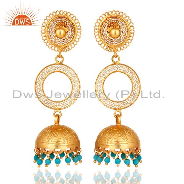 14K Gold Plated Sterling Silver Turquoise Long Dangle Jhumka Earrings