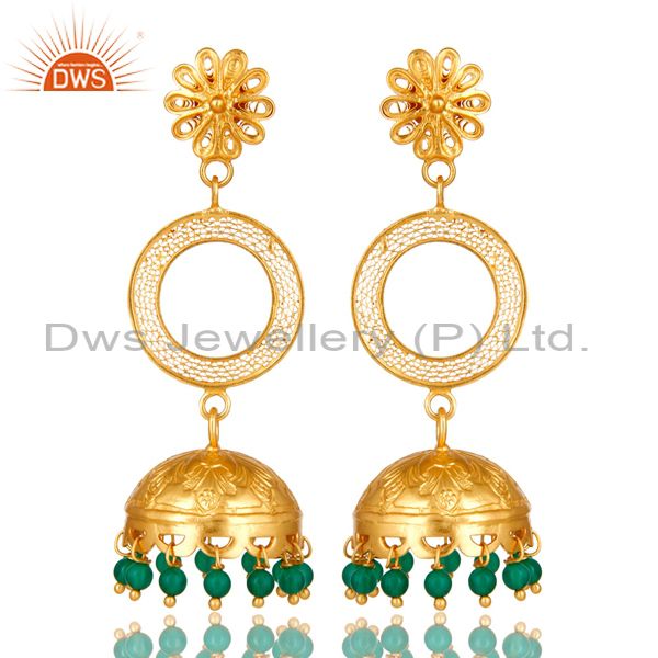 18K Yellow Gold Plated Sterling Silver Green Onyx Designer Jhumka Earrings