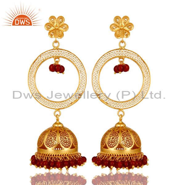 14K Yellow Gold Plated Sterling Silver Red Onyx Traditional Jhumka Earrings