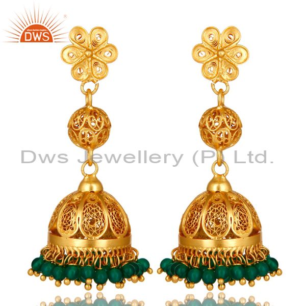 14K Yellow Gold Plated Sterling Silver Green Onyx Traditional Jhumka Earrings