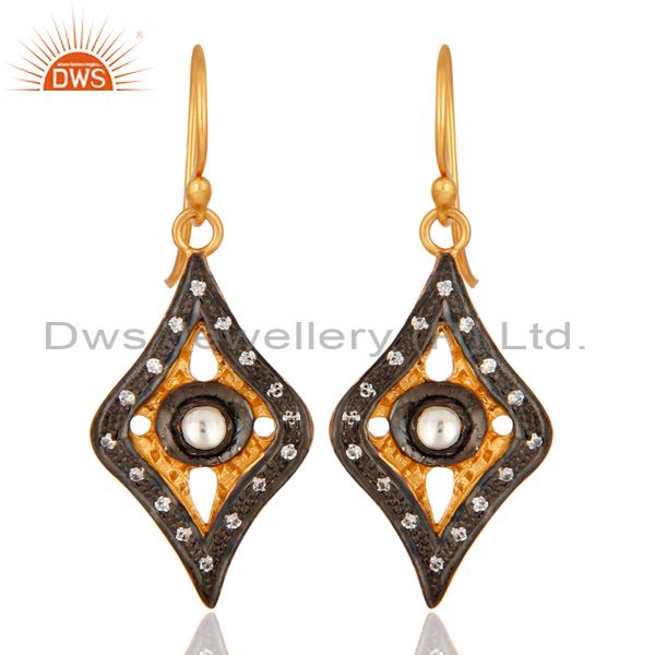 925 Sterling Silver Cubic Zirconia Fashion Bridal Dangle Earrings - Gold Plated