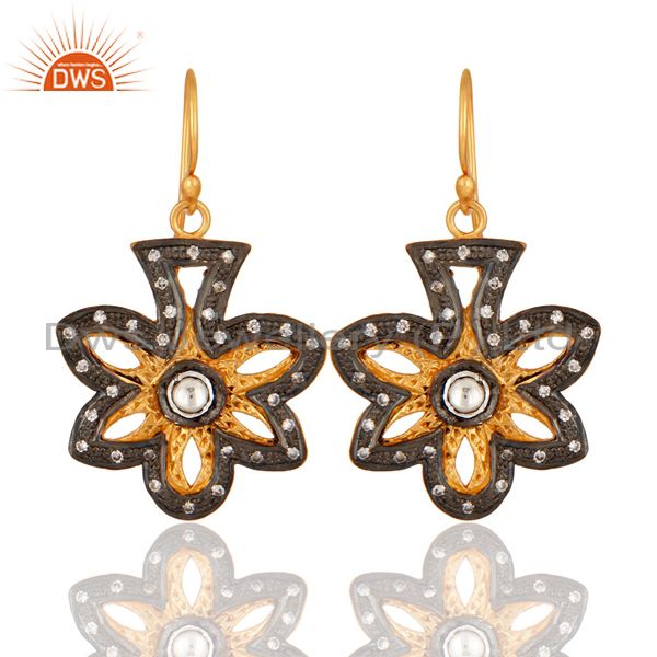 Yellow Gold Plated Sterling Silver CZ Accent Flower Dangle Earrings