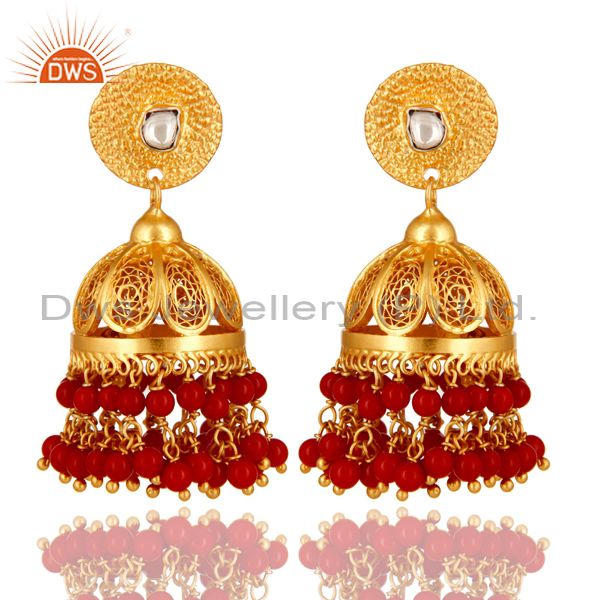 Coral Gemstone Event Wear Chandelier Earrings Made 14K Gold Over Sterling Silver