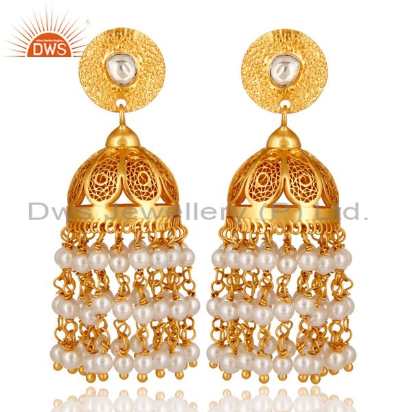 18K Gold Plated Sterling Silver Pearl Designer South Indian Jhumka Earrings