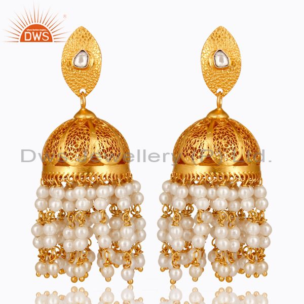 22K Gold Plated Sterling Silver Pearl And Crystal Polki Designer Jhumka Earrings