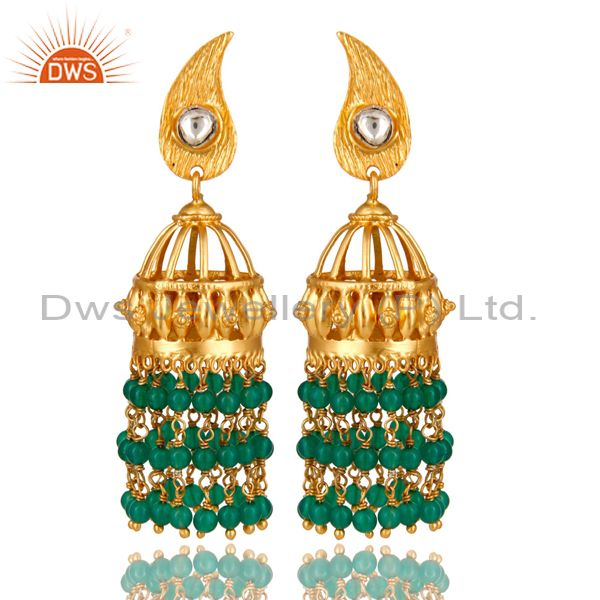 18K Yellow Gold Plated Sterling Silver Green Onyx Beads Jhumka Earrings With CZ