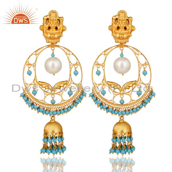 Pearl & Turquoise 14K Gold Plated Sterling Silver Temple Jewelry Jhumka Earring