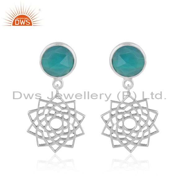 Designer crown chakra earring in solid silver with aqua chalcedony