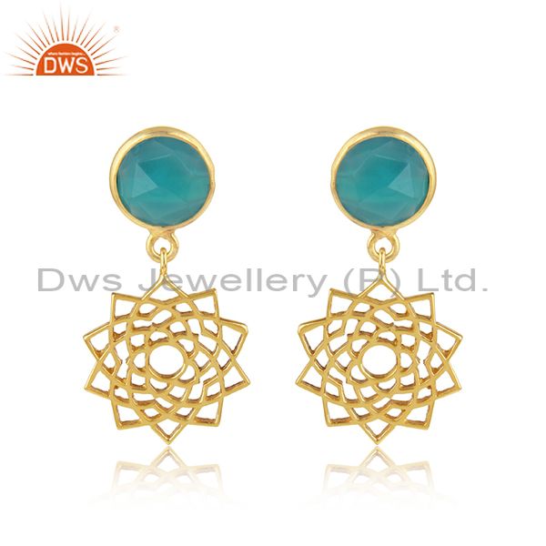 Crown chakra earring in yellow gold on silver with aqua chalcedony