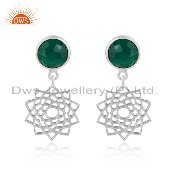 Designer crown chakra earring in solid silver with green onyx